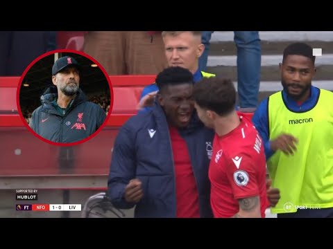 Taiwo Awoniyi and Neco Williams crazy celebrate as Nottingham Forest wins against Liverpool