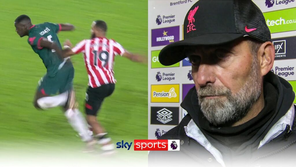 Jurgen Klopp questions the referee’s decision to allow Mbeumo’s goal