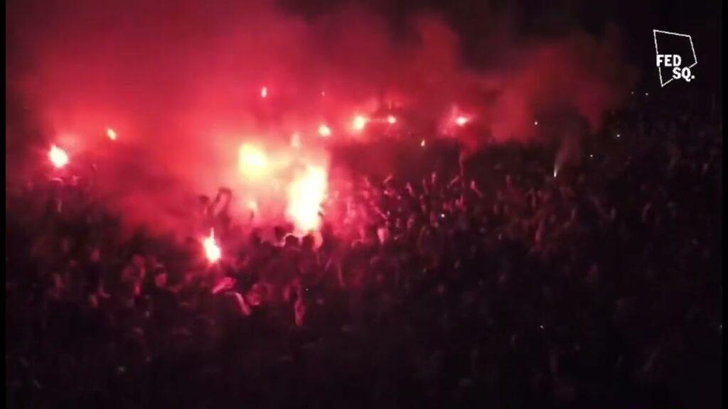 Fans' reaction at Fed Square when Mathew Leckie scored for Australia against Denmark