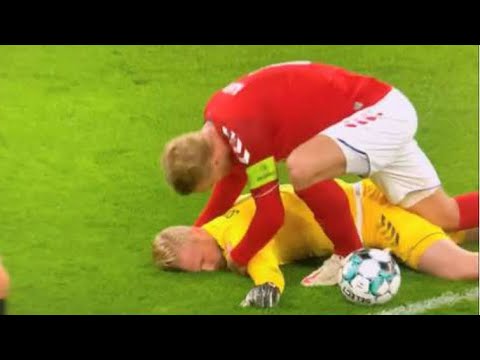 Leicester City’s Kasper Schmeichel appeared to be knocked out cold during Denmark vs Iceland