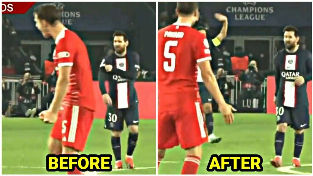 Benjamin Pavard celebrates in front of Messi after Mbappe's goal being called offside