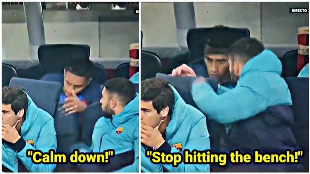 Jordi Alba calms Raphinha down after getting angry at being subbed off