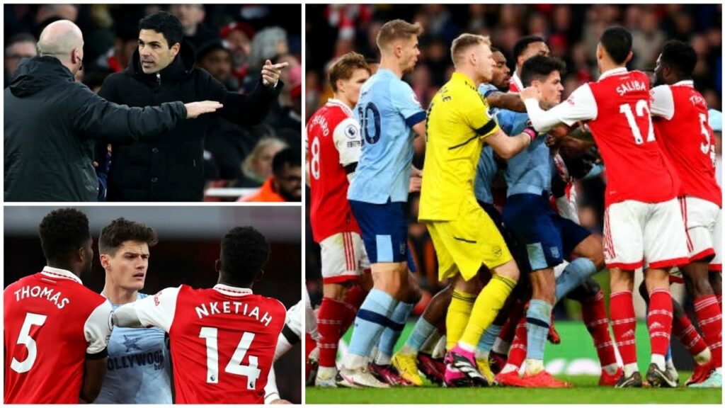 Arsenal and Brentford players clash after Christian Norgaard challange on Oleksandr Zinchenko