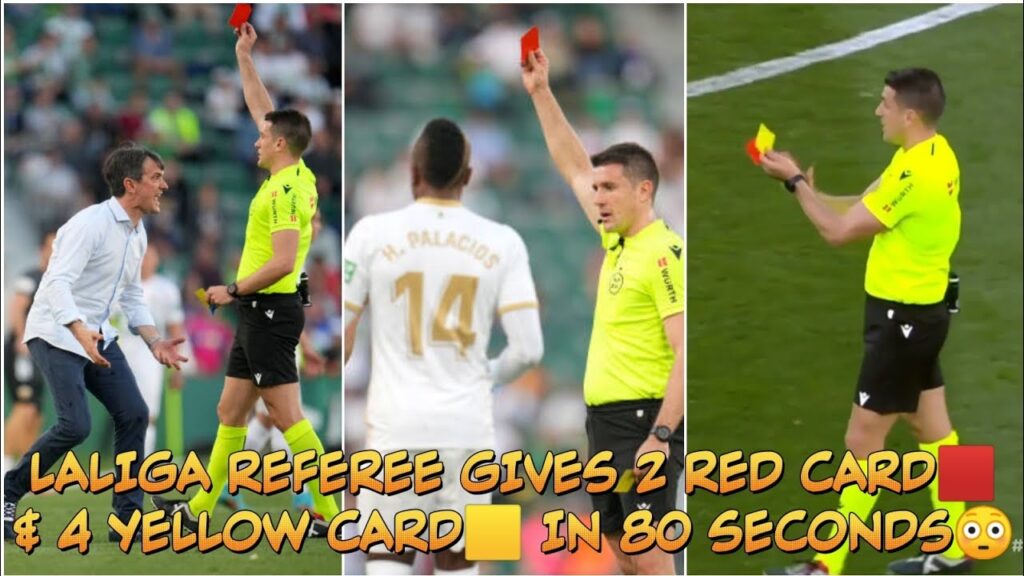 LALIGA REFEREE GIVES 2 RED CARD 🟥 & 4 YELLOW CARDS 🟨 IN 80 SECONDS 😳 DURING ELCHE VS REAL VALLADOLID