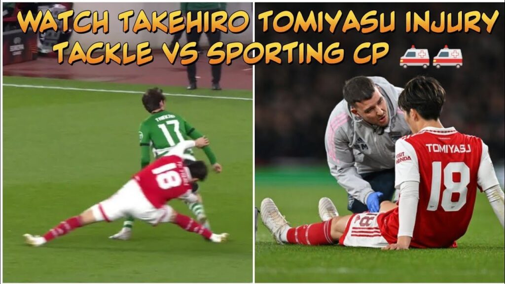 TOMIYASU INJURY TACKLE BY TRINCAO DURING ARSENAL VS SPORTING AFTER A BIZARRE DIG FROM ERIK TEN HAG 🚑