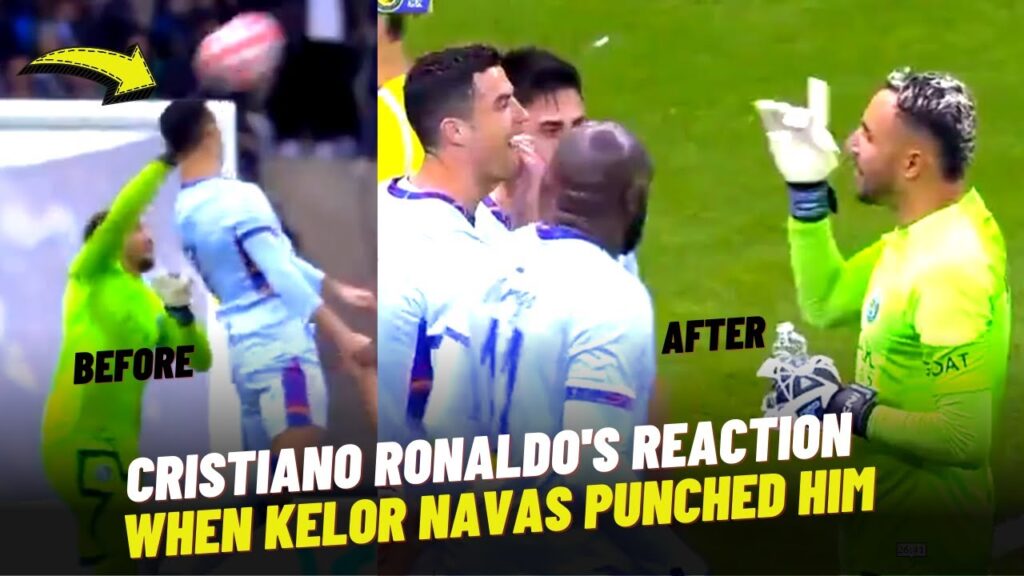 Cristiano Ronaldo’s reaction when Keylor Navas PSG Punched him. Cristiano Ronaldo's reaction when Keylor Navas PSG Punched him.