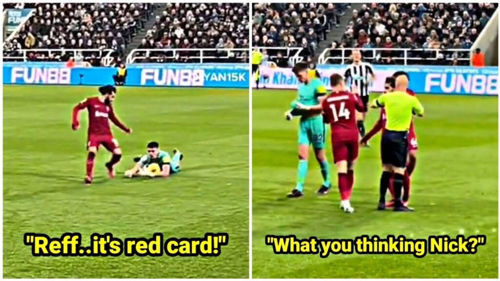 Mo Salah and Jordan Henderson celebrate after Nick Pope sent off