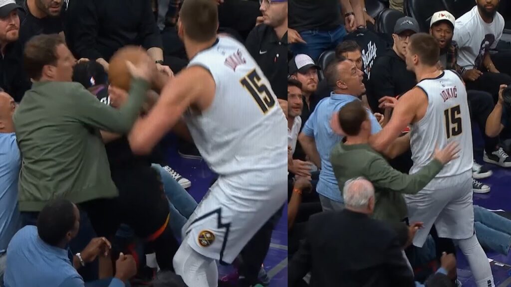 Nikola Jokic shoves Suns owner Mat Ishbia after fighting for the ball 😳