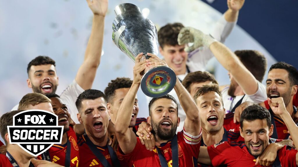 Jordi Alba, Spain hoists the UEFA Nations league trophy after defeating Croatia Jordi Alba, Spain hoists the UEFA Nations league trophy after defeating Croatia
