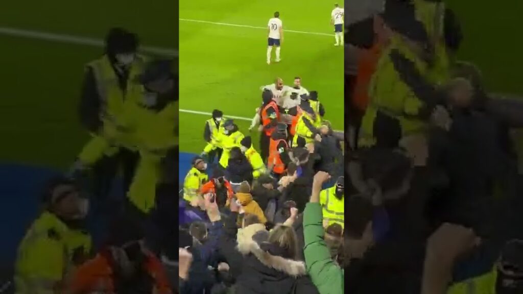 Lucas Moura jumps on a steward’s back after Steven Bergwijn’s late winner for Spurs at Leicester