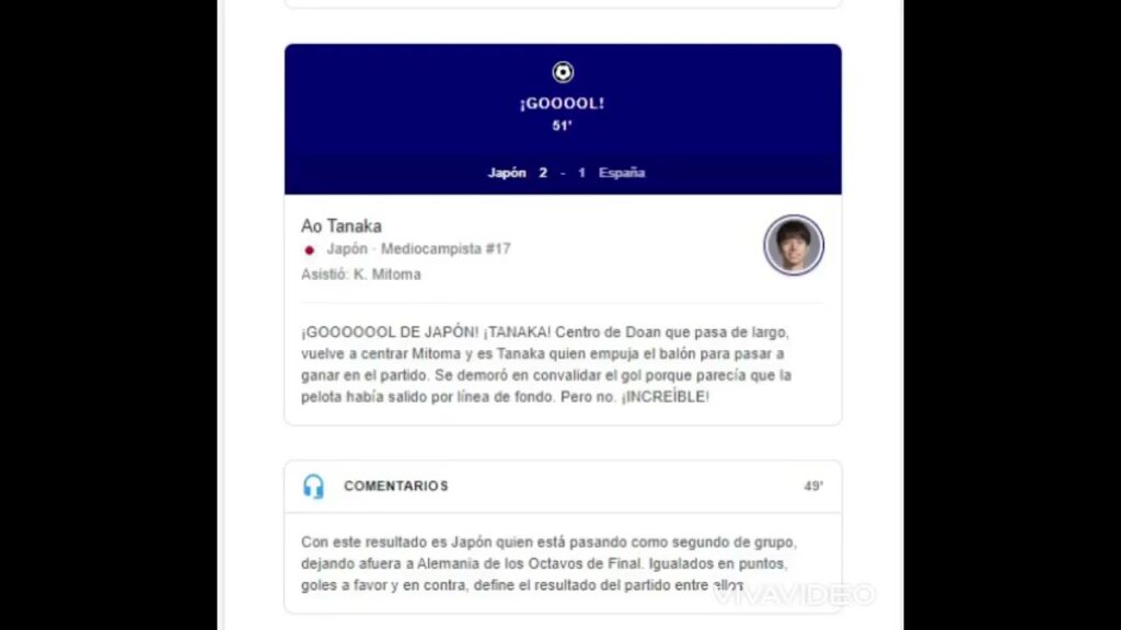 Gol de Ao Tanaka  Japón 2-1 España