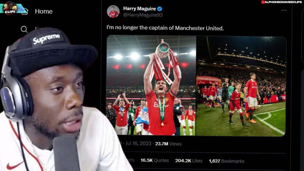Alphonso Davies reacts to Maguire losing the Captains Arm Band..