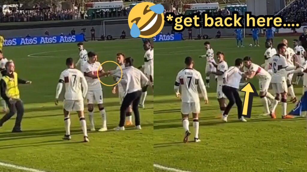 Ruben Dias stops pitch invader from reaching Cristiano Ronaldo in Portugal vs Iceland.