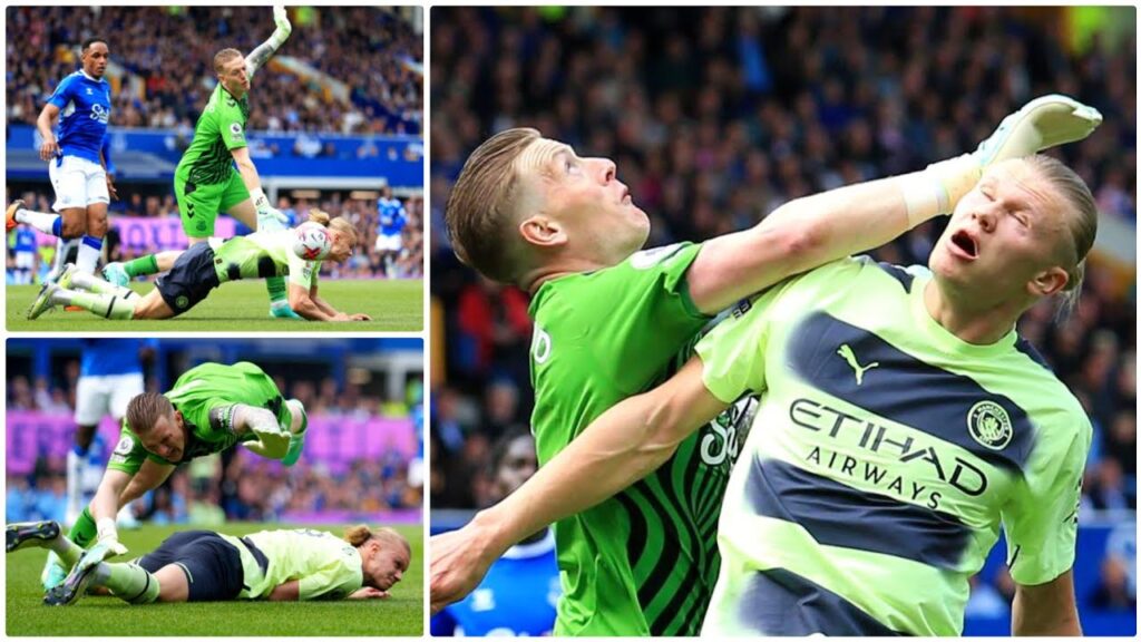 Jordan Pickford punches Erling Haaland in head but ref waves play on in Everton vs Man City