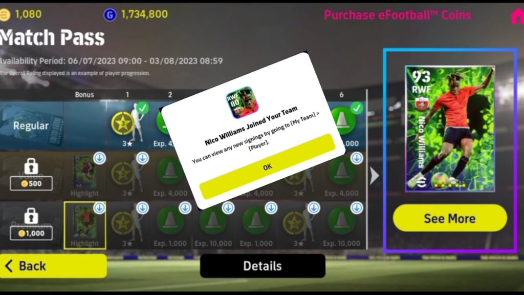Nico Williams efootball mobile 2023. Match Pass Premium player. max Level