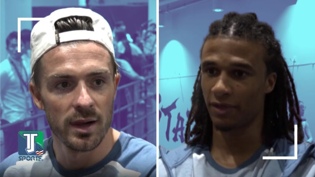 Nathan Ake and Jack Grealish talk after Manchester City beat Bayern Munich