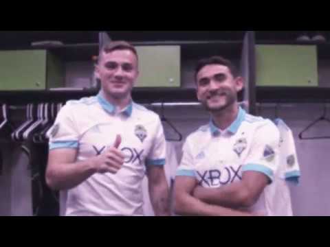 Seattle Sounders Jordan Morris and Cristian Roldan check out the 2017 Heritage Kit