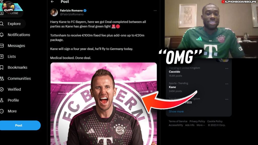 Alphonso Davies reacting to Harry Kane joining Bayern..