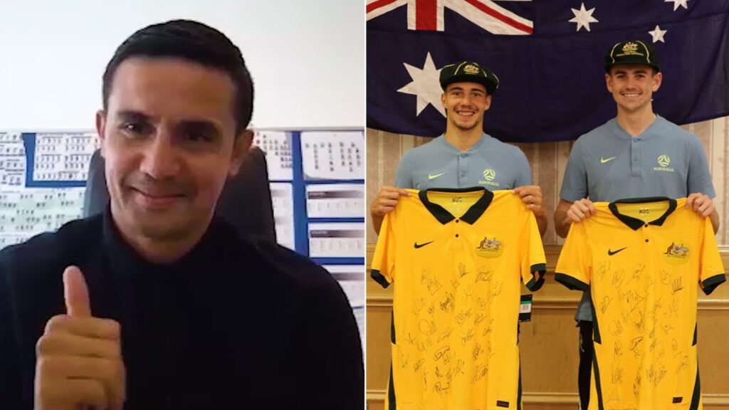 Tim Cahill virtually presents debutants Genreau, Metcalfe and Tongyik with Socceroos caps