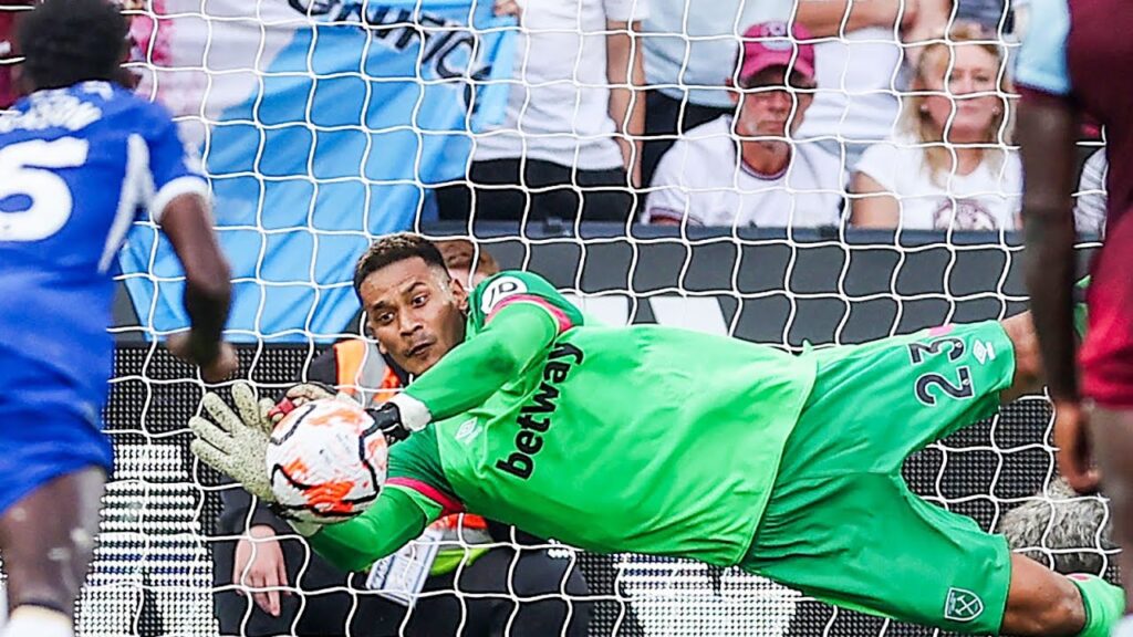 Alphonse Areola Penalty save of Enzo Fernandez at half time minute Chelsea vs Westham EPL 2023