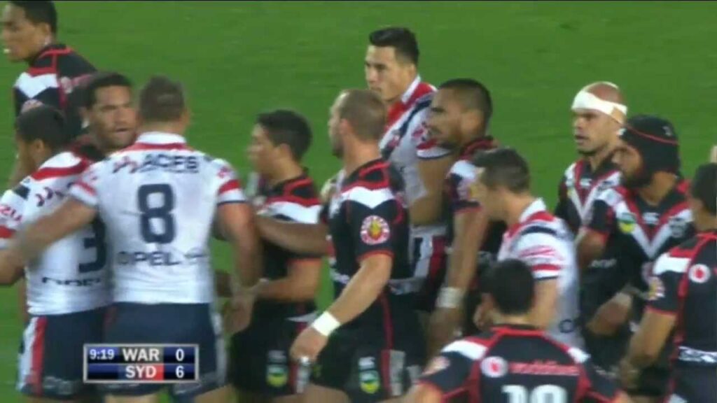 Konrad Hurrell looks for a fight with Sonny Bill Williams - Roosters V Warriors 2013