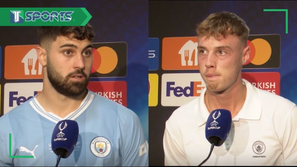 Josko Gvardiol and Cole Palmer react to their UEFA Super Cup victory against Sevilla in Athens