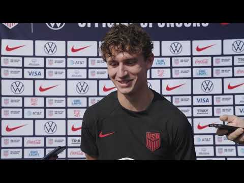 USMNT forward BRENDEN AARONSON speaks prior to their game vs Oman
