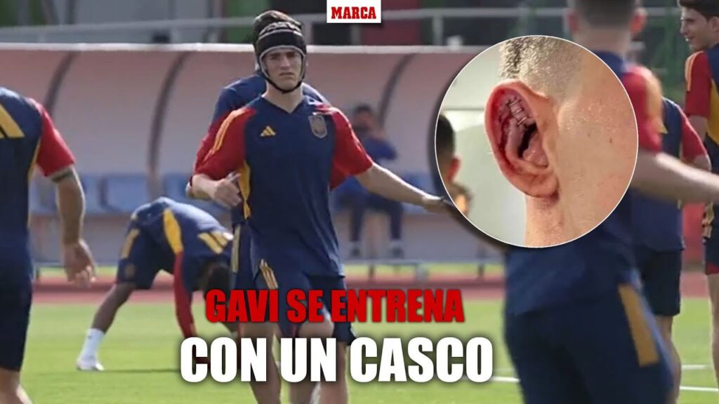 El nuevo look de entrenamiento de Gavi con un casco de rugby MARCA