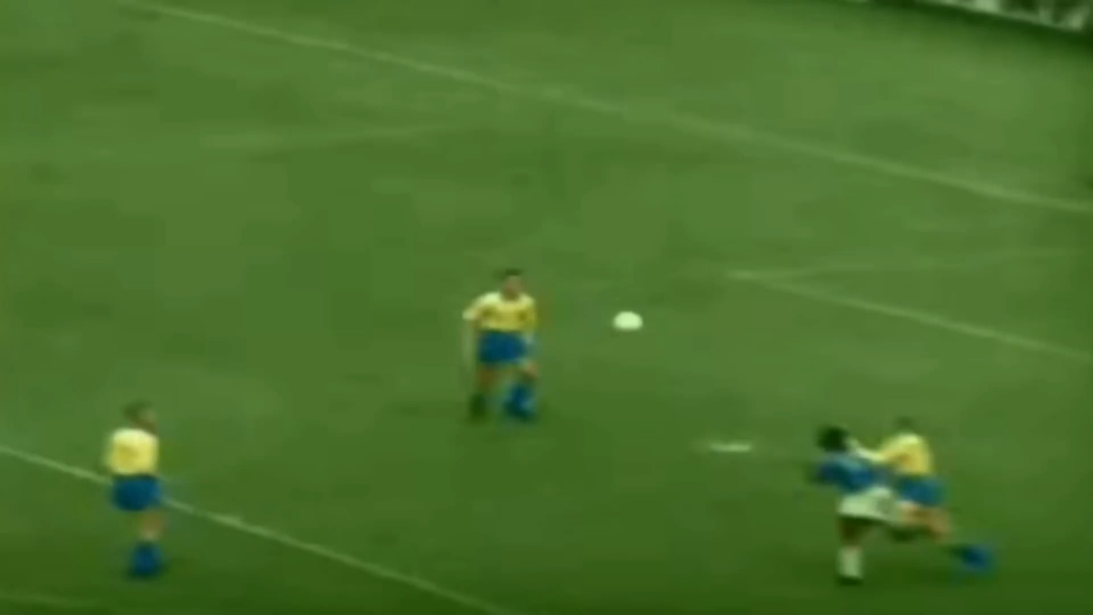 Pele's goal against Sweden in the 1958 World cup final with multiple angles thanks to computer animation and the reaction of some of the players of the 58 squad to the video