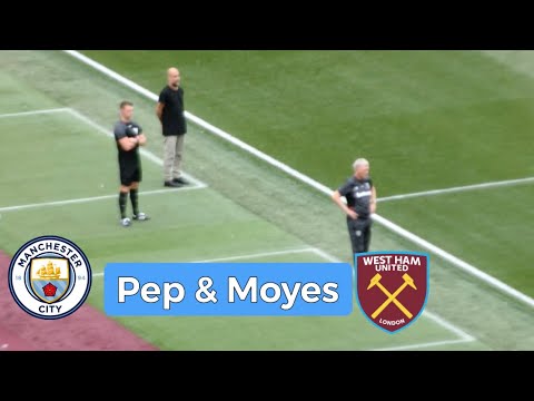 Pep Guardiola and David Moyes reaction to Bernardo Silva goal at West Ham vs Man City