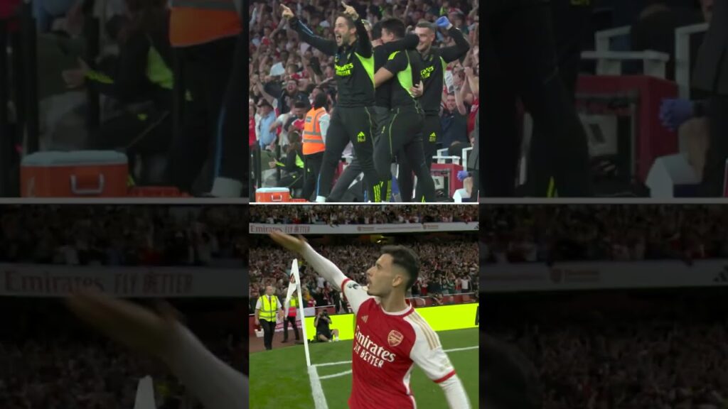 The Arsenal bench react to Gabriel Martinelli's winner against Manchester City