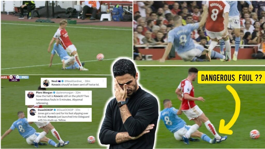 😡Arsenal fans Angry reaction to Mateo Kovacic avoids second yellow card for lunge on Declan Rice.