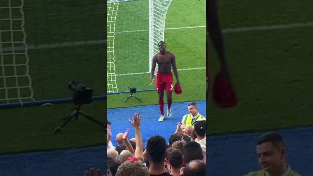 Ibrahima Konaté giving his shirt to a young fan in the away end vs Brighton. #lfc #liverpoolfc