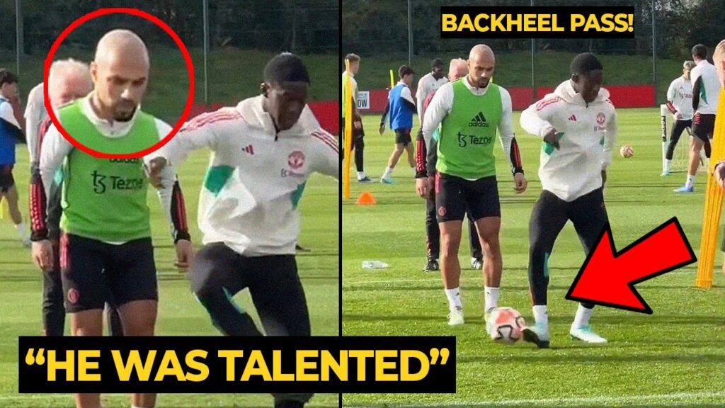 Sofyan Amrabat reaction to Kobbie Mainoo BACKHEEL PASS during Manchester United training today