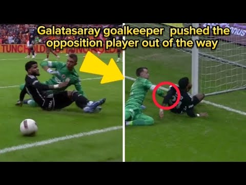 Galatasaray keeper Muslera pushes the opponent player Rosier to prevent him from hitting thegoalpost