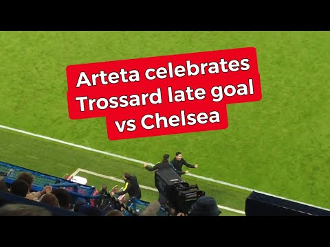 Mikel Arteta and Arsenal away fan’s reaction to Leandro Trossard late goal vs Chelsea