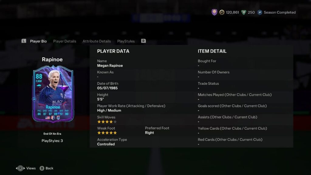 Following the NWSL Championship, EA Sports has recognized both Megan Rapinoe's and Ali Krieger's careers with an 88 OVR End of an Era Ultimate Team card for each available in Squad Building Challenges (SBCs) until mid-December