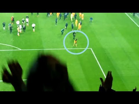 FC Porto striker Vincent Aboubakar celebrates with Besiktas fans and leads club chant after the game