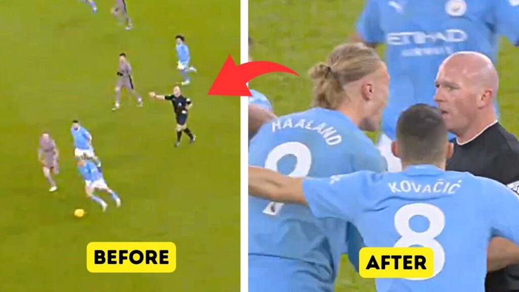 The moment Simon Hooper's bad decision stopped Grealish's chance because Haaland was fouled