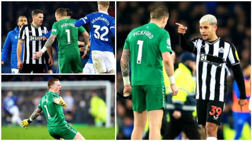 Newcastle players clash with Jordan Pickford after his celebration in Everton 3-0 win over Newcastle
