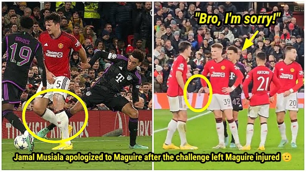 The Moment Jamal Musiala apologized to Harry Maguire after the challenge left Maguire injured 🫡
