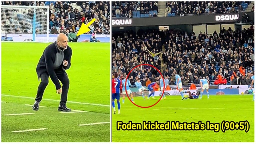 Pep Guardiola and John Stones' reaction as Crystal Palace were awarded a penalty in the 90+5 minute