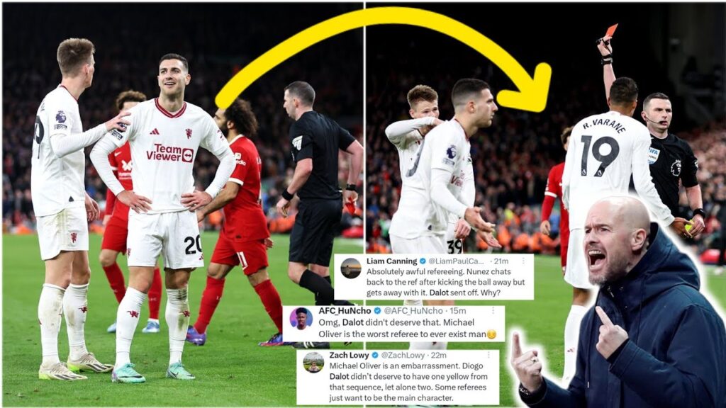 😡 Man Utd fans angry reactions to Diogo Dalot receives red card for bizarre 'double dissent' offence