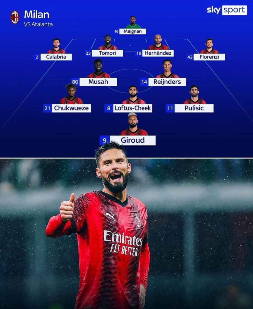 A couple of expected lineups for the match vs Atananta. 4-2-3-1. Maignan, Florenzi, Theo, Tomori, Calabria, Reijnders, Adli/Musah, Pulisic, RLC, Chukwueze, Giroud.