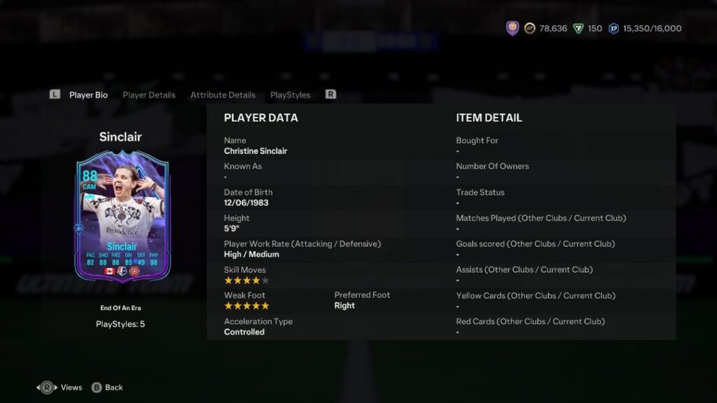 EA Sports has recognized Christine Sinclair's career with an 88 OVR End of an Era Ultimate Team card available in Squad Building Challenges (SBCs) until the end of the year