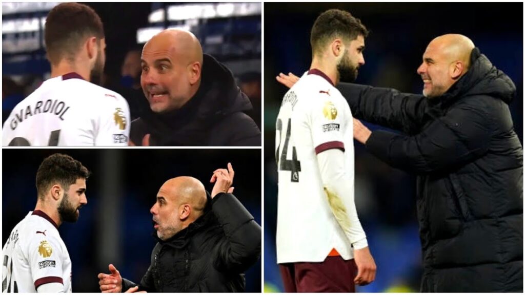 Pep Guardiola confronts Josko Gvardiol after Man City victory over Everton