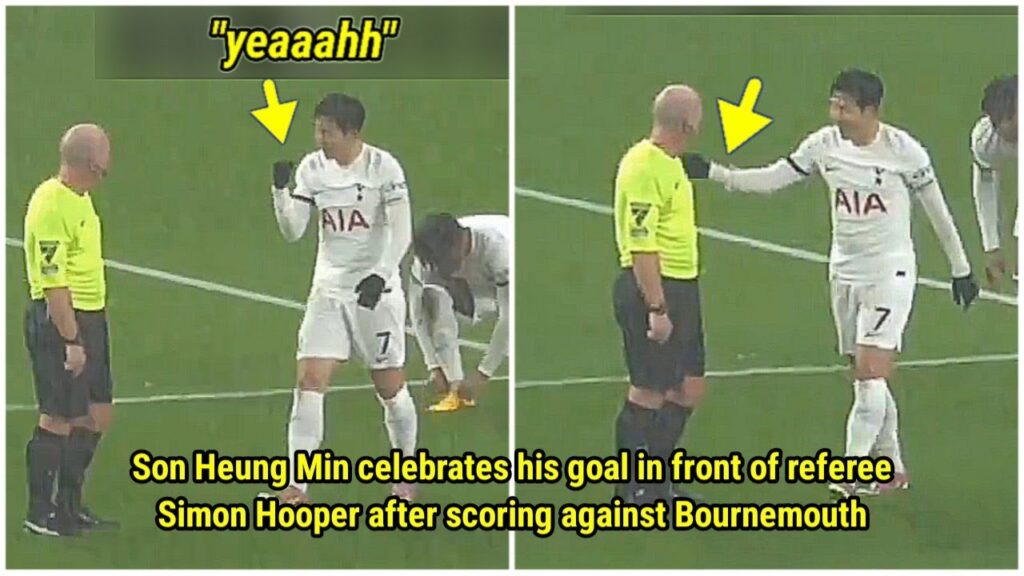 Son Heung Min celebrates his goal in front of referee Simon Hooper after scoring against Bournemouth