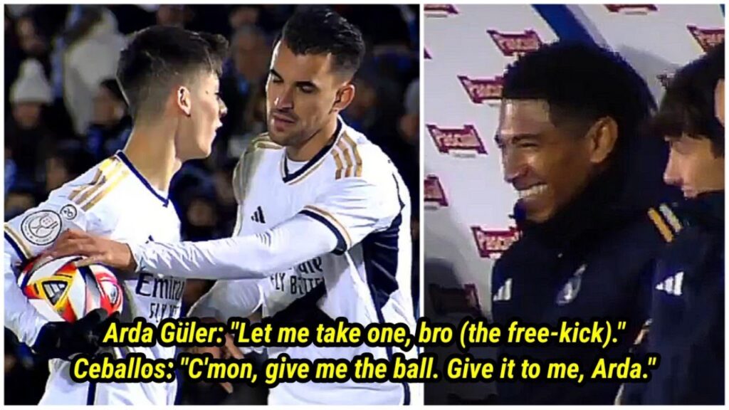 Jude Bellingham's reaction as Arda Guler and Dani Ceballos fight over a free kick vs Arandina 😆