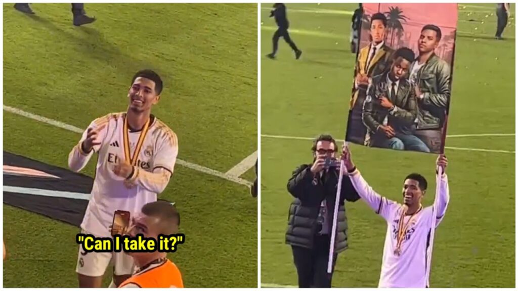 Jude Bellingham asking a fan for the GTA themed poster of him, Rodrygo and Vinicius. 😂