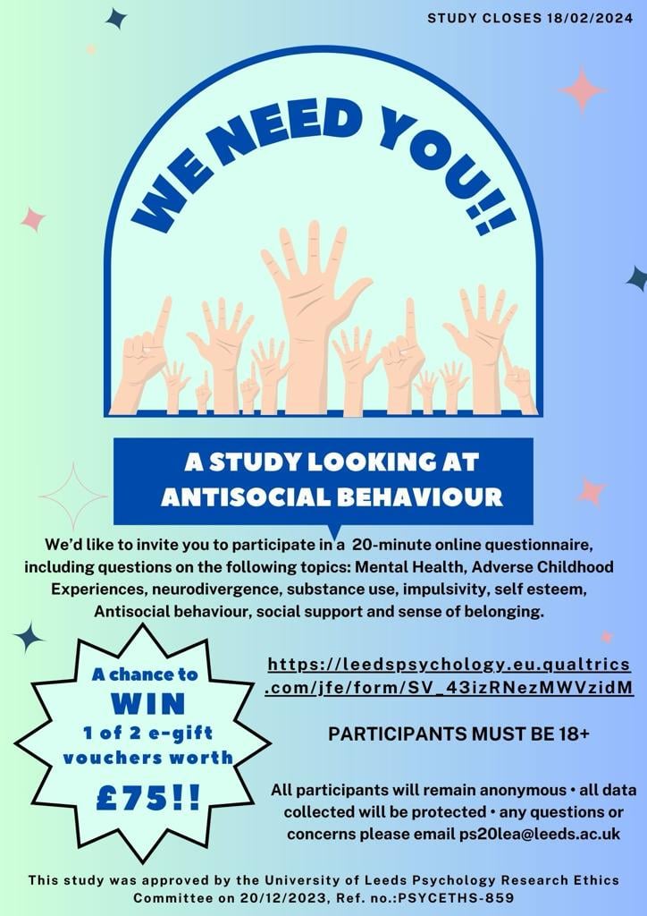 Hello fellow Blades, I need help with my research project on the risk and protective factors of Antisocial behaviour. Please complete this survey to help us! You could win £75! The information is in the picture below. Click the link to participate! Please share with friends if you can. Thank you !